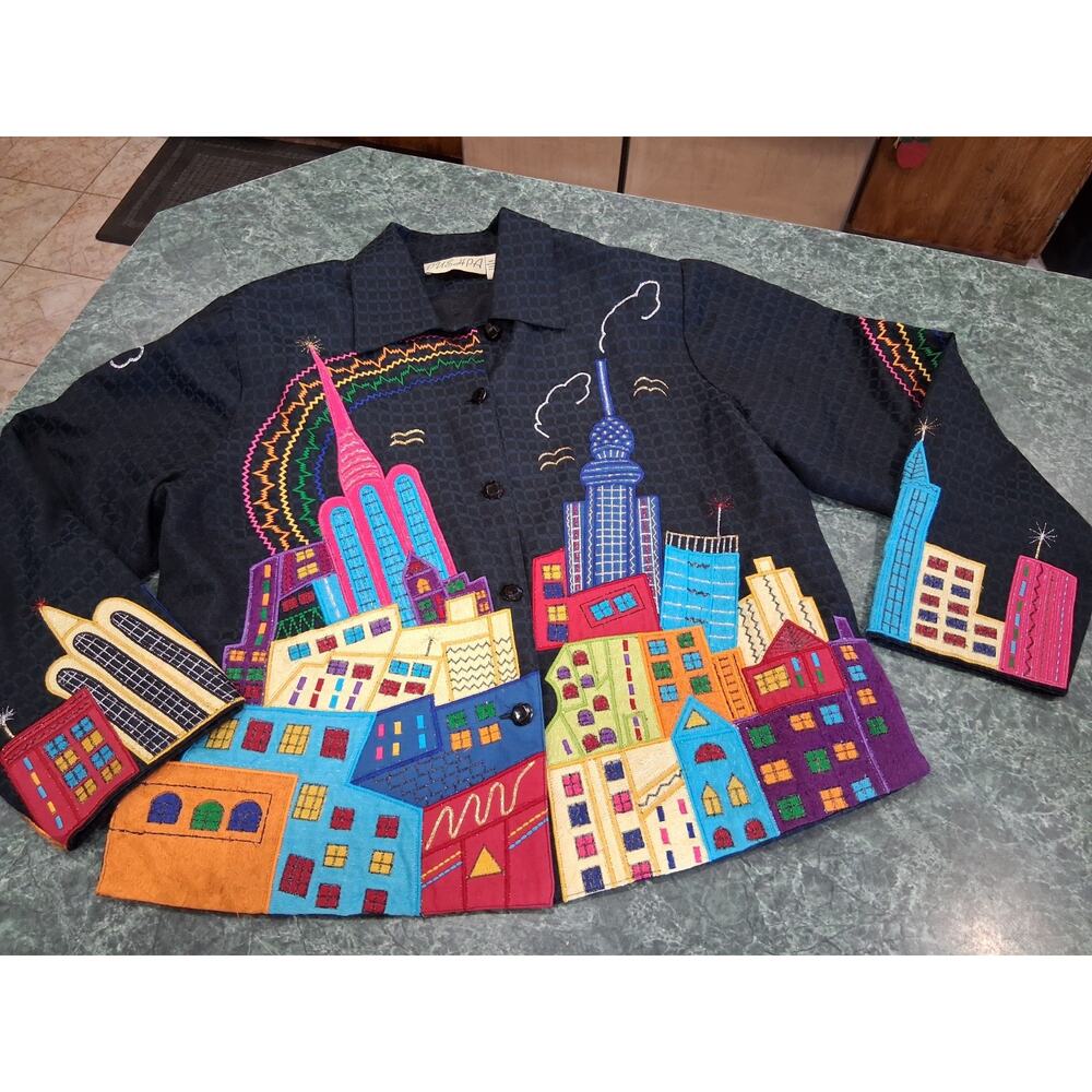 VTG Pushpa Jacket Womens M Bright Multicolor Cityscape Skyline Artwear Funky 90s